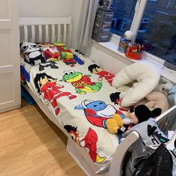 White wooden single bed (without mattress) good condition and nice and sturdy! It’s had its use to us for a few years and has some digs on it here and there but good condition overall