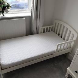 John Lewis toddler bed. Good condition, some usual wear marks but very sturdy toddler bed. Mattress included with washable covers. Approx size: Width=79cm, Max Height =74cm, Length =144cm. Collection only, cannot deliver. Collect near Dagenham area.