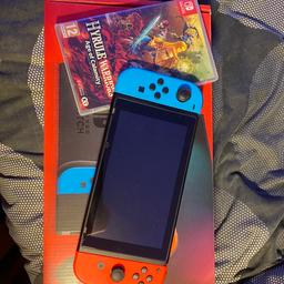 Nintendo Switch console with dock, box included.

Includes:

-Hyrule Warriors Age of Calamity
-128gb Micro Sd card