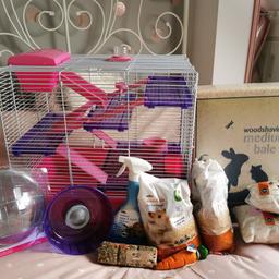 3 tier pink and purple cage with water bottle, food bowl and wheel. Also comes with 2 bags of food, 2 bags of bedding, play ball, carrot chew toy, treat block, sawdust bale and cage cleaner.
Cage has been used (been cleaned) but everything else is brand new.
Collection only NG17 kirkby-in-Ashfield.