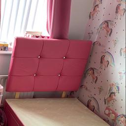 Gorgeous pink faux single bed with 2 draw base and lovey matching headboard with diamonte stones (no mattress)