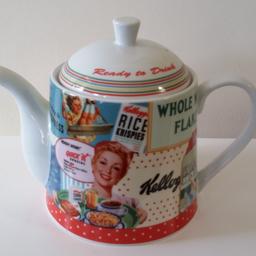 Kellogg's vintage/retro teapot, Portmeirion, medium size, round, white/multicoloured.

Excellent condition, hardly used.

Approx dimensions - height 6" by an overall 5" diameter and spout to handle length/width 9"

Slight tea discoloration inside but only on the base and does not distract from the almost new condition, probably just a good scrub will do the trick.

Collect from Bexleyheath.