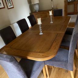 Beautiful Dining Furniture
10-12 seater dining table. Natural ,100% solid Oak hard wood
9ftx3ft when fully extended (1 foot less when retracted.) With 8 charcoal grey fabric chairs and matching side board (W-135/H-85/D-42)
All as new, no difference to purchasing from the store, from an immaculate home; barely used and zero imperfections . Selling due to house move . All can be viewed on the ‘Oak Furniture land’ website .
Original cost: £2400