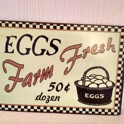 Metal Wall Art
Kitchen decor
Egg sale sign
Nostalgic vintage look item
will add charm to any kitchen
Not to be found in shops
Good for home decir or cafes
Easy to hang and clean with damp cloth
No damage or scratches
Around 13.5 " wide x 7.5" high

Sold as seen
No refund or exchange
Collection or postage extra
Cash on collection