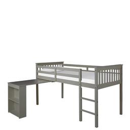 RRP: £25

The mid sleeper bed frame allows them to sleep, store and study.

Finished in a dark grey the space under the bed features a desk that slides smoothly out on castors with the end section is fitted with shelving.

The bed is designed with a slatted head and foot end, as well as a guard rail and fitted ladder for easy access. Recommended minimum age 6 years. Comfortable flat steps on ladder. Includes wooden slats. White lacquered finish.

Height 117.3, Width 200.1, Depth 183 cm