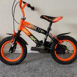 Apologies strike bike orange ,12 inch wheels 3/5 years approx, few scrapes and tear in seat but works great,grandson outgrown pickup bb5