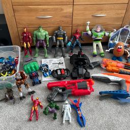 Bundle of toys. Will sell separately or altogether. All good condition some like brand new as never been played with. 
Super heroes figures - small and large 
Light up talking Batman 
Batmobile 
Toy Story - Buzz, Woody, potato head 
Nerf guns & bullets 
Hulk fire arm 
4 transformers 
Air Hogs remote control car goes up walls and ceilings 
Imaginext figures, Spider-Man car and bike and other bits. 

I can post various things but would adjust postage accordingly.