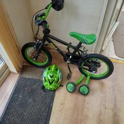 it would suit age 6years old
back and front new tyres wheel size 14x2.125
hands are brake work bell
frame colour is back chain guard come with two stabizers child safety helmet
colour is green size 50.57cc
used a few times collection only no time wasted