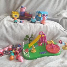 peppa pig bundle with large play mat, grand dad pigs train, peppa pig bus, playground with music and sounds, extra seesaw, 15 characters(multiple of peppa and george).
from a smoke free home. southchurch southend on sea collection only