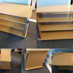Beech TV Stand
Minor marks but overall good and solid.
Wheels for easy movement.
Size
L 80cm (31.5in)
D 48cm (19in)
H 59cm (23in)