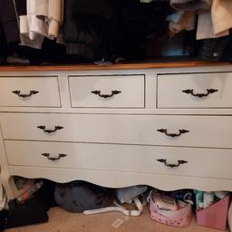 white and oak coloured chest of draws and side table.. solid furniture,  not flimsey

side unit..H29 D18 W21inches Chest of draws H 31 D18 W47inches

xxxxx Sorry its not a better picture of the chest of draws, but it is in GREAT condition xxxxx