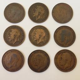 Zum Verkauf kommen neun Münzen zu einem Penny aus Großbritannien von 1916 bis 1936.
Die Münzen haben einen Durchmesser von 31 mm und stammen aus der Zeit von George V. Im Verkaufspreis sind die Versandkosten (innerhalb von Deutschland) enthalten. Kein PayPal.