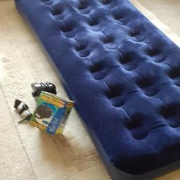Single blue flock air bed with integrated pillow, only used twice. Separate electric pump with 3 nozzles. Perfect for camping, festivals and sleepovers. COLLECTION ONLY FROM SOLIHULL AREA.