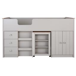 RRP: £349

In grey, the area under the bed features a cupboard with tongue-and-groove style doors and an internal shelf, while three drawers provide added storage. There's a study desk that pulls out on castors and boasts shelving at the end. The study desk has a contrasting wood-effect top, and the bed is finished with metal knob handles and tongue-and-groove style end panels.

Mattress sold separately.

Height 111.5, Length 200, Width 95.6 cm