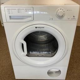 hotpoint white 8kg condenser tumble dryer,(has a green sticker inside of the door so its safe to use and not part of the recall,the odd mark here and there to both sides of the dryer),otherwise its in clean condition,and its in perfect working order,delivery is available.

(comes with 3 month guarantee)

sizes are as follows
height 84.5cm
width 60cm
depth 61cm
MODEL TCFM 80