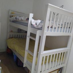 bunk bed, white colour. Single bed including the orthopaedic mattress. Very good condition not damage . Even you can dismount the bunk bed and make it in 2 single separated.