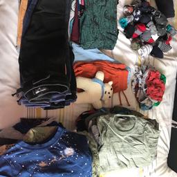 Included is 

Short and long sleeved T-shirt’s x 30 
Pyjamas x 13
Shorts x 2 
Numerous pants 
Numerous socks 
Joggers/trousers x 12 
Jumpers x 5 
Zip up hoodies x 5
Coats x 2 
Woolly hat x 1 

This is a suitcase worth of clothing!! Items range from good to very good to like new!! 

Mostly Next and George clothing 

Collection B35