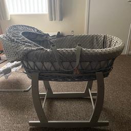 Grey Clair de lune Moses basket with 4 mattress covers.
Happy to deliver within an 10 mile radius or collection.