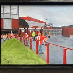 Oil painting of Bramall Lane, Sheffield United fans on match day, painted by a local artist in Sunderland 