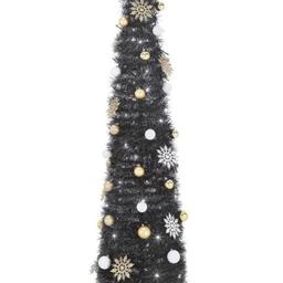 NEW IN PACKAGING

This artificial tree is so easy to set up, you'll be ready to go in no time.
It simply pops up, and comes complete with warm white lights and gold & white decorations that stand out beautifully against the black colour.
It's great as a space saving tree for the lounge or a complementary tree in your hallway to welcome guests over the festive season.

6ft Christmas tree.
Bottom branch diameter 15 inches.
Suitable for indoor use.
Complete with stand.