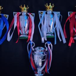 small replica premier league or world cup trophies with ribbons
15cm tall