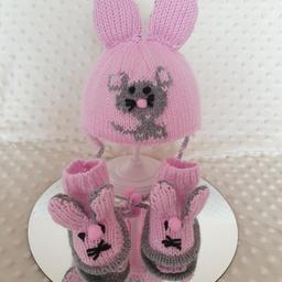 Beautiful babies hat and boots with mouse motif made in pink and grey age newborn also gift wrapped ready to give as a gift 🎁 
Looking for beautiful baby gifts/baby shower pop over to www.facebook.com/groups/njsbabycreations and join our growing group. We also offer delivery and postage. New stock added daily