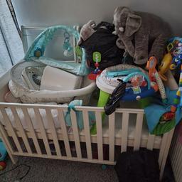 cot with mattress, moses basket with stand, nappy bin, 2 play mats, cuddly toys, stand in toy, change mat and door bouncer