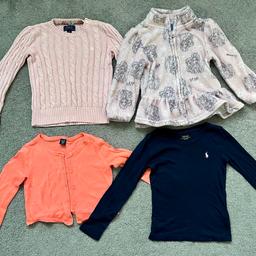 Includes 4 items:
Polo Ralph Lauren Pink Sweater 
GAP coral cardigan
Disney Frozen Elsa Zip Fleece Cardigan 
Polo Ralph Lauren Navy long sleeve top 

All in good used condition. Sold as seen. 

Collection preferred from SE3 8EH near Charlton Lido.