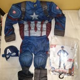 Captain America fancy dress size is large 8-10 years, great condition hardly worn. Padded jumpsuit with boot tops, belt and mask.