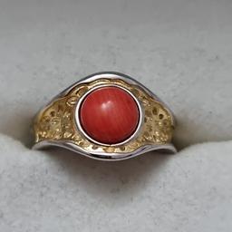 Sterling Silver with gold plate coral ring. New with tag and hallmarked. Size Q