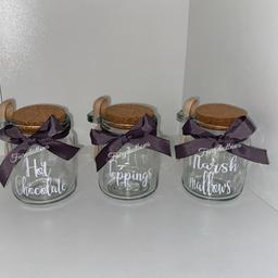 Personalise jars for hot chocolate station
Comes with small scoop spoon

Lots colour wording to choose from,
You choose personalisation

Hot chocolate glasses also available from £4
Great treats, gifts, christmas gifts, stocking fillers

❄️❄️FREE gift wrapping❄️❄️

✨✨Just £12 for 3✨✨