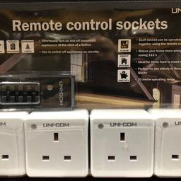 UNI-COM REMOTE CONTROL SOCKETS 13AMP 4 PACK

BRAND NEW SEALED - REMOTE CONTROL SOCKETS

*WORKS ON TVS/LAMPSHADE/APPLIANCES/CHRISTMAS TREES.
*EACH SOCKET OPERATED SEPARATELY/TOGETHER.
*MAKES HOME MORE EFFICIANT
*IDEAL FOR HARD TO REACH SOCKETS
*PERFECT FOR ELDERLY WITH MOBILITY ISSUES
*20 METRE REMOTE OPERATING RANGE

FREE UK DELIVERY
