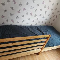 in very good used condition. slightly longer than a standard single bed at around 115cm and 89cms wide. pulls out to a double bed. includes mattresses and both are very clean as always had a waterproof cover on them. currently still assembled but can be dismantled