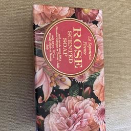 Large bar of rose scented soap weighs approximately 10 ounces smells beautiful just like roses that makes a nice gift never been opened self and still intact pick up only