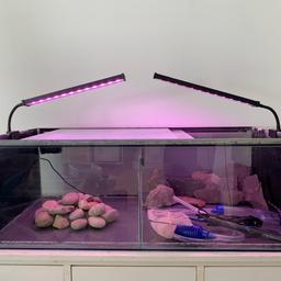 130 Litre Fish Tank Set Up
Stand Not Included
Dimensions:
36”L x 18”W x 12”H
Comes with lights, heater, gravel cleaner, net, rocks & slate.