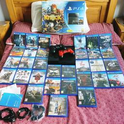 PS4 500gb Console With 31 Games & 2 Controllers.. 31 games all with there cases. 2 controllers in fully working order. The box has 2 tiny rips on the front which pictures show. The only fault is that you have to eject the disc with the controller. Comes with all leads and manual's. All boxed. Cash on collection or can deliver locally for fuel cost.