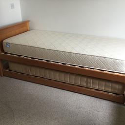 A John Lewis wooden single bed of standard size. A pull out spare bed on a trundle base sits underneath and has pull out legs to raise it to the same height as the main bed. Immaculate condition, used very few times. The mattresses are in pristine condition too. Collection from St Albans.