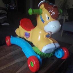 VTECH Rock and Ride Pony for sale. Used but great condition. From a pet and smoke free home. suitable age 12m+.

Hop in the saddle and go for a ride. This interactive 2-in-1 pony grows with your child and quickly transforms from a rocking horse to a ride-on toy. Brightly colored buttons introduce colors, action words and play realistic horse sounds for imaginative play.