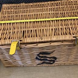 Wicker hamper openings in the side for your hands yellow straps with buckle to fasten Size is shown in photo good  condition buyer to collect
