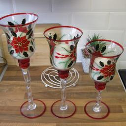 Lovely set of Christmas dining table glass candle holders.. Would look great on your Christmas dinner table or just part of your decorations.. Comes with candles if wanted.. (PICKUP ONLY FROM RUNCORN)