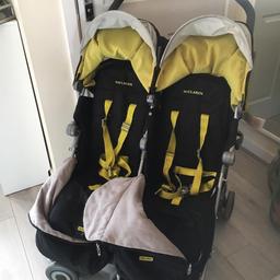 Selling maclaren double buggy. Was excellent for newborn twins and as they grew. Has seat inserts for smaller babies heads as pictured. Comes with double muffs, rain cover, removable hoods. Folds up umbrella like and can be used for travel.
