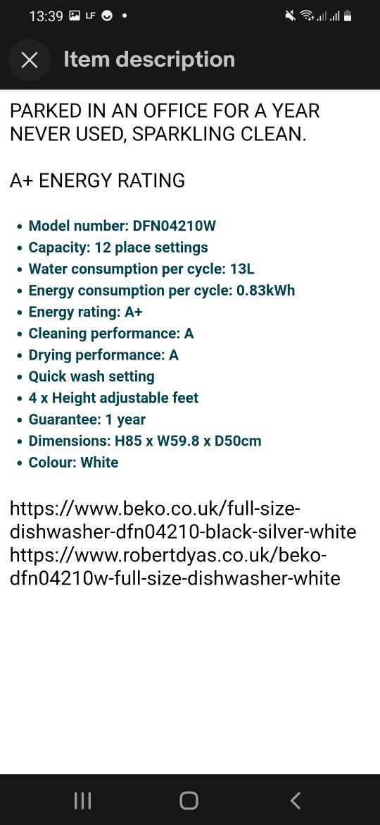 Beko Dishwasher (Full Size) in E8 London for £130.00 for sale Shpock