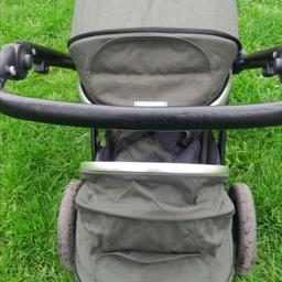 Very good condition tandem pushchair. Car seat without adaptors. Pictures doesn't do justice. Check last pictures to see accurate colour. It looks like last photos. Much better in reality.
khaki (sage) dark green colour
both seats lay flat so can use from birth till 15kg.

adjustable handle
insect/shade net
adjustable leg rest
easy to fold
release wheels
large shopping basket
upper and lower raincover
carry bag
head hugger