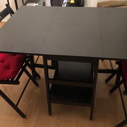 Foldable table, originally bought from Ikea. Comes with 4 foldable chairs which slot inside. Comes with 4 seat cushions. Table has a set of wheels attached so it is easily movable. Minor unnoticeable scuff as shown in picture.  Very good condition. Great space saver 

Width: 93cm
Height: 75cm
Fully opened:
135 cm length 
One side opened:
90 cm length 
Fully closed:
45 cm length
