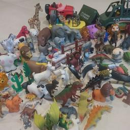 A mixed bag of over 100 varied animals,  including dinosaurs,  horses, dogs, cats,  lions, elephants,  snakes, polar bears and more. 
All clean and ready to play with. 
Also includes 3 push along vehicles and a couple of movable characters. The grassland patrol vehicle is 20cm long and 16cm high to the top of its cage. 
A couple of stickers are peeling off but everything is in good condition Collection only from postcode B60.
