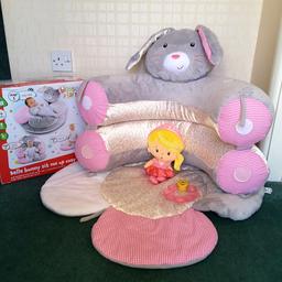 The Sit Me Up Cosy is a soft padded nest that helps babies learn to sit up. It has 3 modes of play. Stage 1 is a cosy nest for newborns; Stage 2 is a cushion support for older babies; Stage 3 is a playmat for baby to sit and play. I have added a Winnie Pooh teether and a Fisher Price soft and cuddly chiming doll. Everything is in excellent, clean condition, from a pet and smoke free home. Collection is from Walmley, B76.