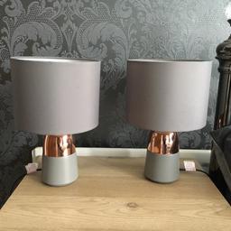 Grey / rose gold lamps. Height 30cm. Touch operated, with two settings. Faint mark on one of the shades - can just about be seen in pic. Collection only from OL4