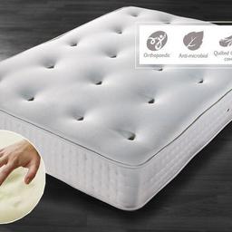 The Mayfair orthopaedic spring memory foam mattress is a traditional coiled spring mattress topped by a layer of memory foam covered in soft bamboo fabric.

Mattress is hypoallergenic and anti dust mite, to help allergy sufferers, soft cool touch fabric approx 10" thick medium to soft 

SMALL SINGLE: 2'6 x 6'3
£85
SINGLE: 3'0 x: 6'3
£85

SMALL DOUBLE: 4'0 x 6'3
£110
DOUBLE: 4'6 x 6'3
£110

KING SIZE: 5'0 x 6'6
£150

SUPER KING SIZE: 6'0 x 6'6
£200

07708918084