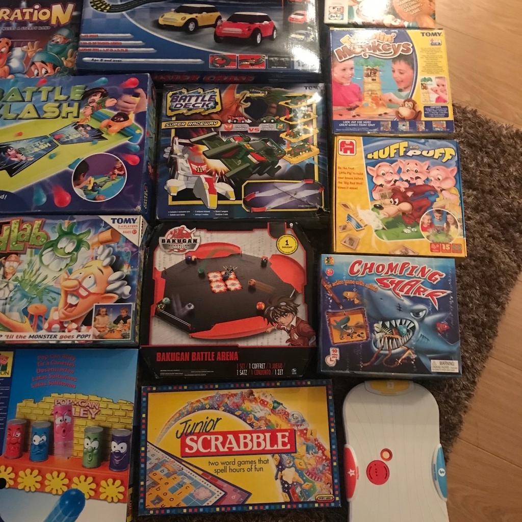 All games are in excellent condition:
Crocodile -push teeth to snap shut. £3 SOLD
Polar panic. £4 SOLD
Pop to the shops. £4
Pass the bomb £5
Doctor doctor £3 SOLD
Tin can alley. £3 SOLD
Junior scrabble £5 SOLD
Wobble board. - SOLD
Chomping shark. £4 SOLD
Bakugan battle £5 &9 bakugans. SOLD.
Mad lab £5
Huff and puff £5
Tumbling monkeys. £5 SOLD
Monkey madness £5 SOLD
Battle deck. Build cars and track £5 SOLD
Battle clash. £5
Operation £5 SOLD
Red light green light £4. SOLD
Scalextric £8
