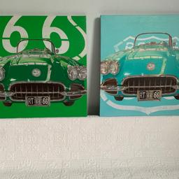 Route 66 two bold canvas wall art one bold green colour,one bright blue colour very cheerful style 40cm x 40cm or 15inch x 15 inch from smoke free pet free home